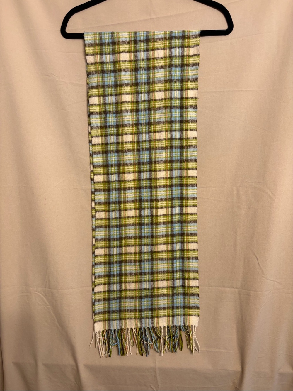 100% Cashmere Vintage Plaid Fringe Scarf in Green, Blue & Cream Made in England